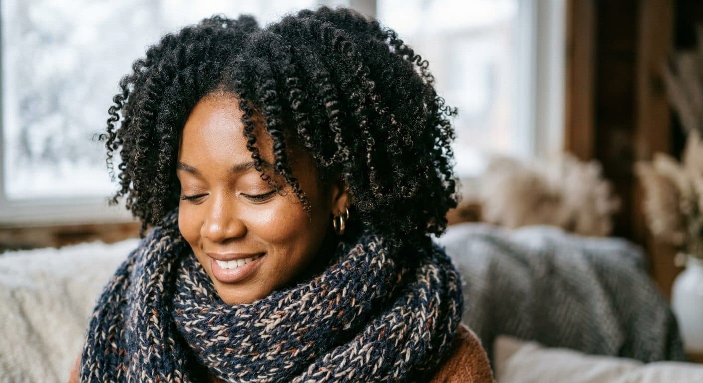 Femme aux cheveux crépus naturels portant une écharpe en hiver